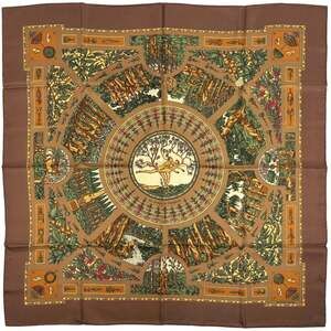 HERMES Authentic Brown Silk Scarf